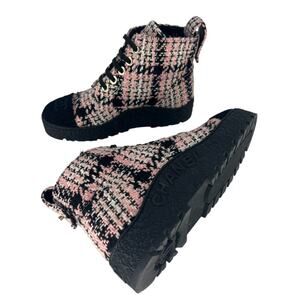 Chanel 2021 CC Logo Tweed Cap Toe Lace-Up Combat Boots Size 37